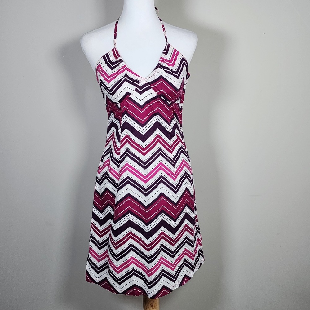 H&M Halter Neck Dress Womens 6 Y2K Zig Zag Pink‎ White Summer Smocked Babydoll